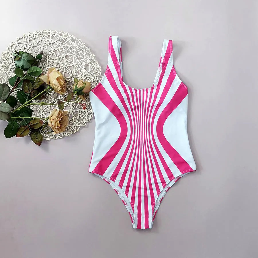 Women's pink striped one-piece swimsuit with digital front and rear printing