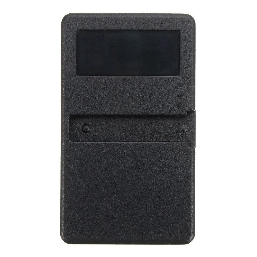 Black three-button garage door remote control with 390MHz rolling code, shown front view.