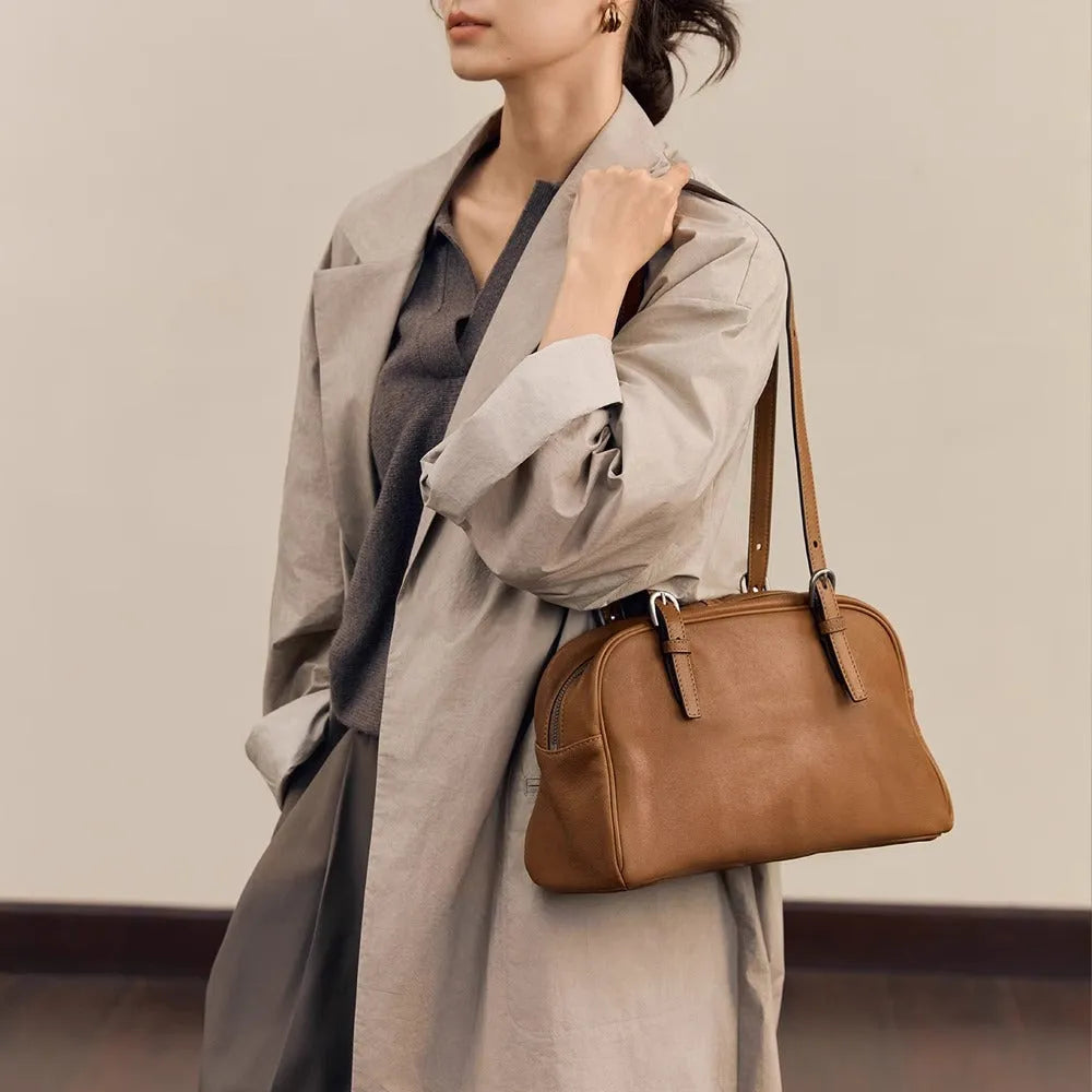 Retro brown genuine leather women's shoulder bag with double straps and external pockets