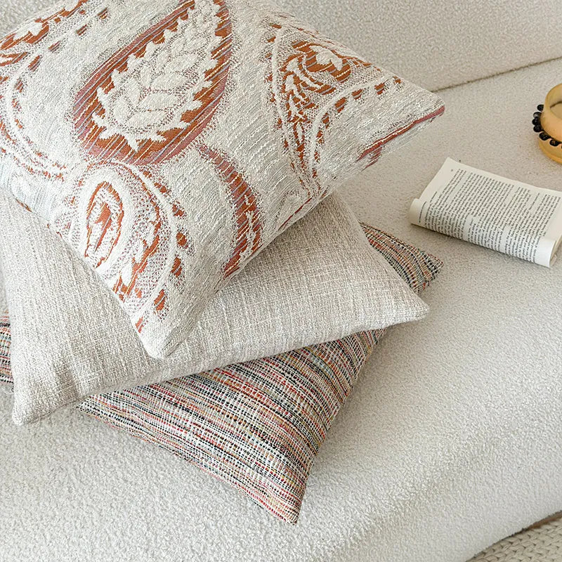 American-style jacquard pillow cover with botanical paisley pattern in amber colours