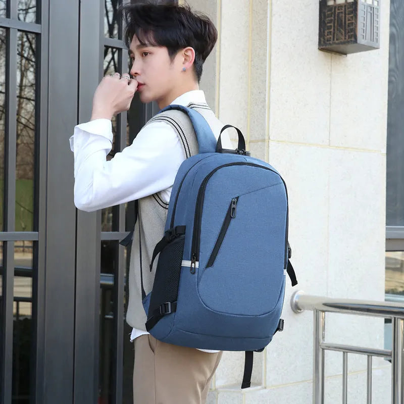 Oxford cloth computer backpack in street trend style with 20-35L capacity, shown in blue colour.