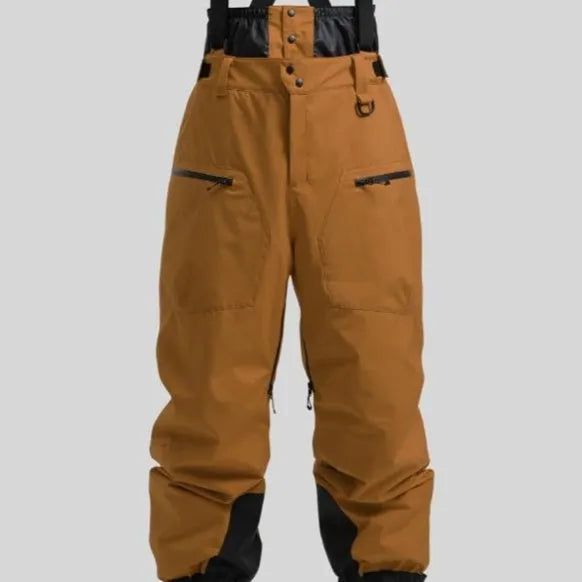 Men's black waterproof ski trousers with reinforced straps and flame-retardant linen fabric.
