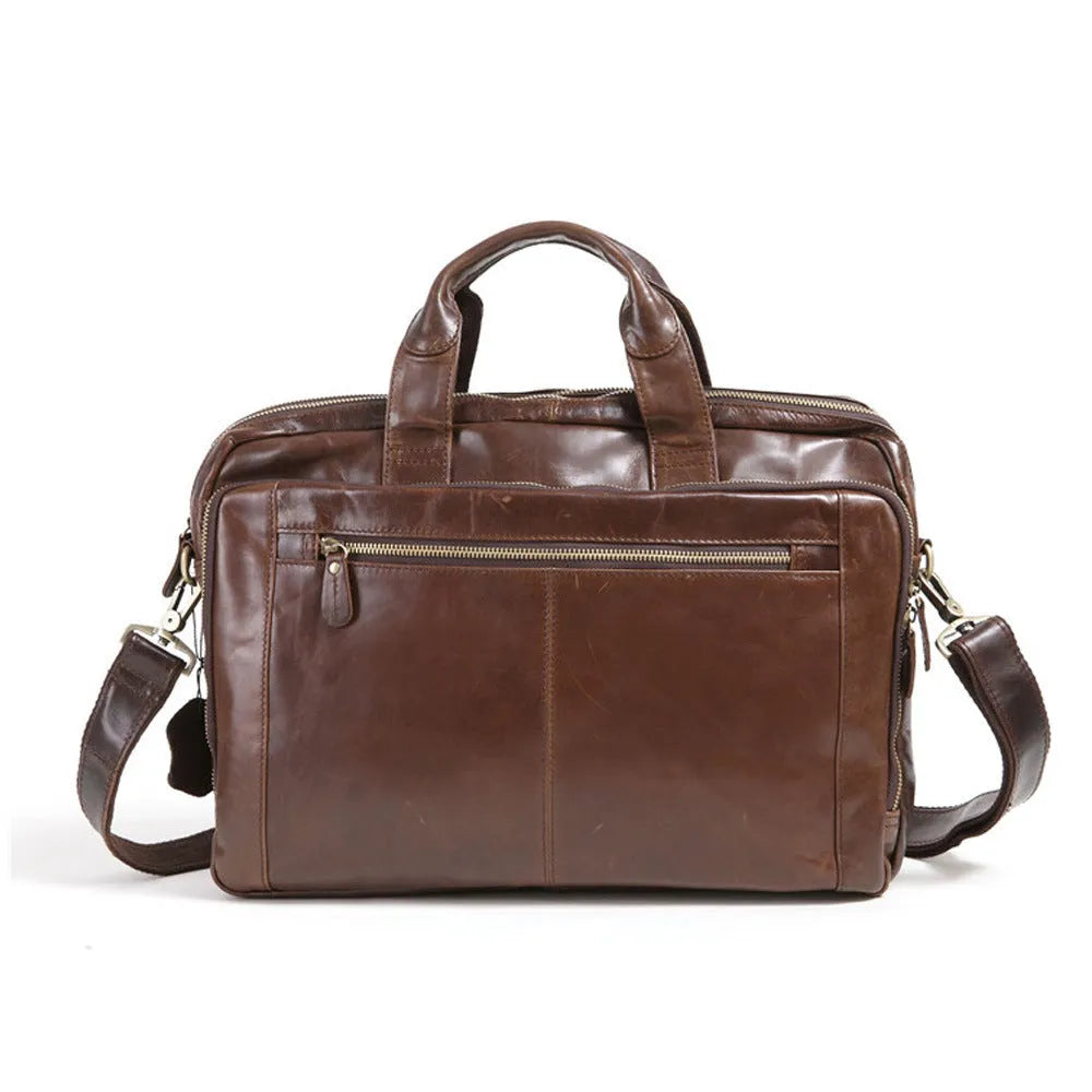 Brown men's 18-inch business briefcase in first layer cowhide leather with polyester lining