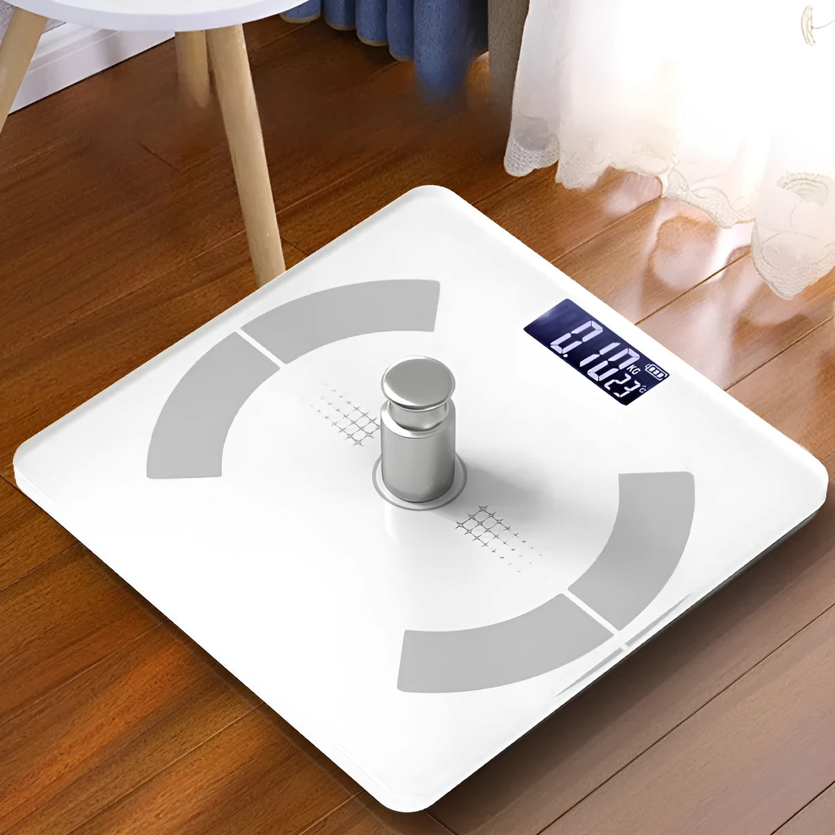 Smart Bluetooth rechargeable body fat scale in white, black or pink colours with USB charging