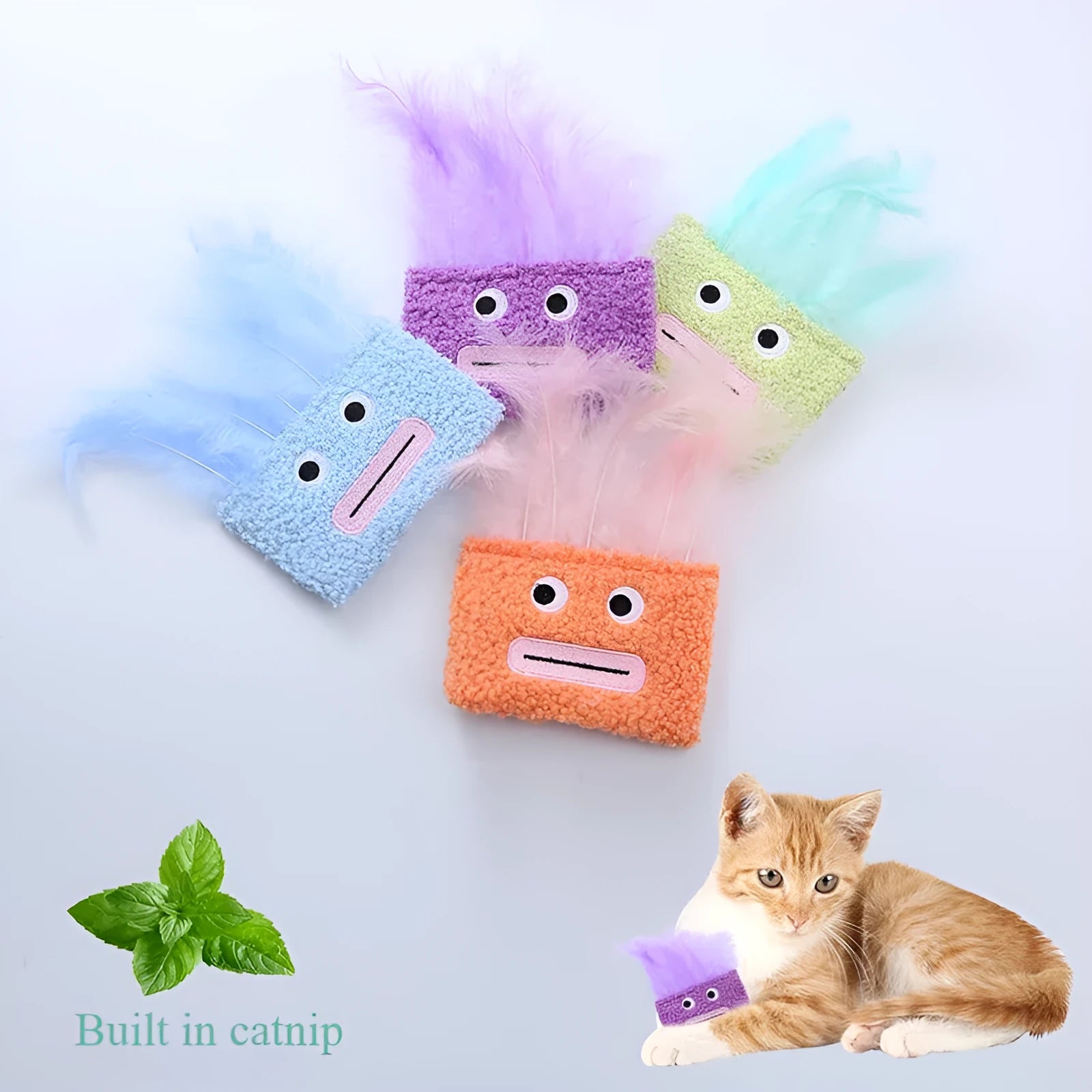 Colourful plush cat toy shaped like an explosion head with a big open mouth, shown in blue.