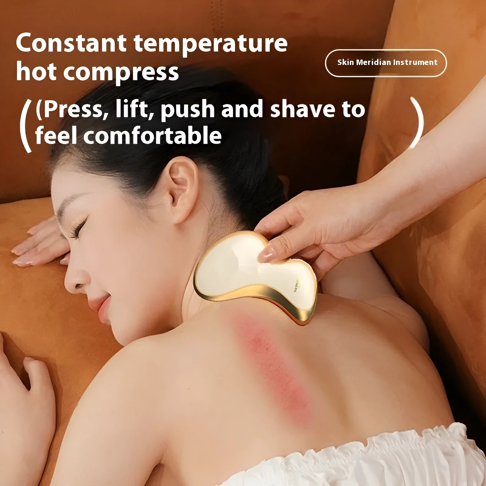 Golden yellow electric scraping plate with USB charging cable for skin meridian massage therapy