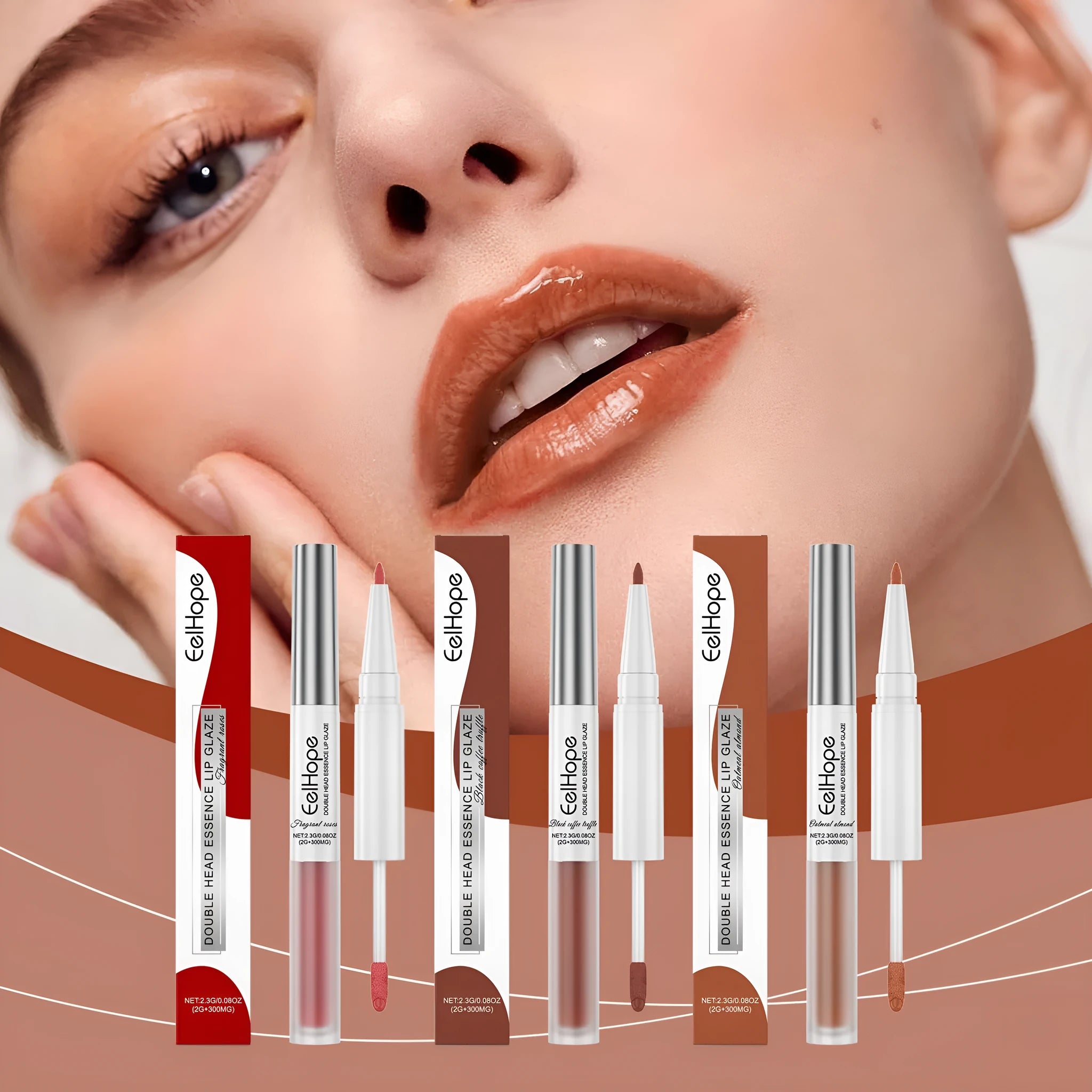 Double-headed lip liner and lip lacquer pen in a case, showing two colour-coordinated tips.