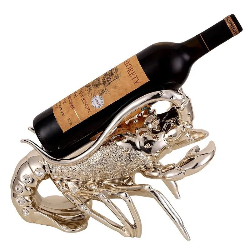 Lobster wine rack ornament in metallic finish displaying bottles