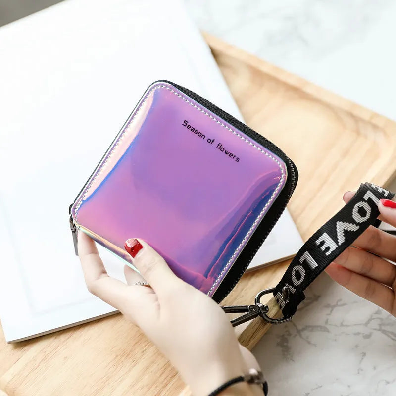 Korean-style short folding women's wallet in PU leather, shown in crystal blue colour.