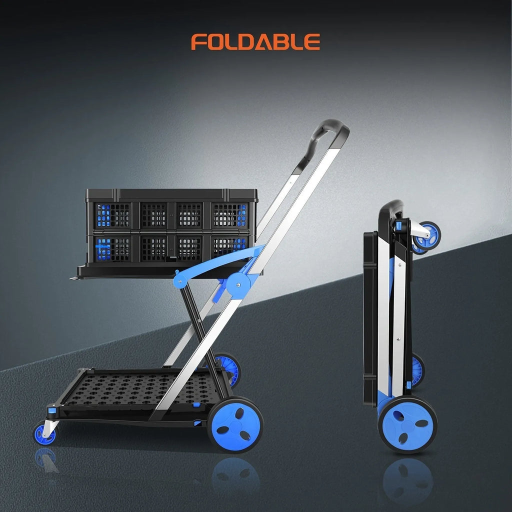 Foldable shopping cart with double basket design in blue, purple, pink and red colour options