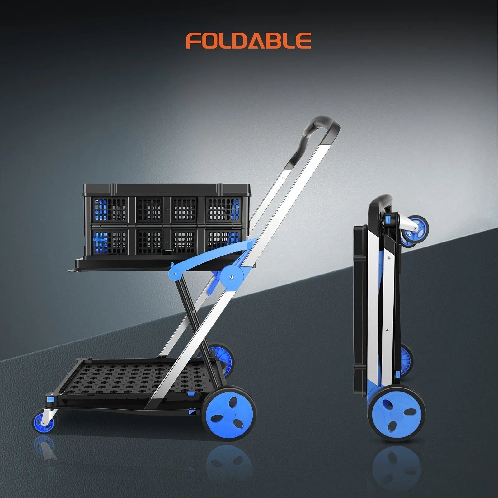 Foldable shopping cart with double basket design in blue, purple, pink and red colour options