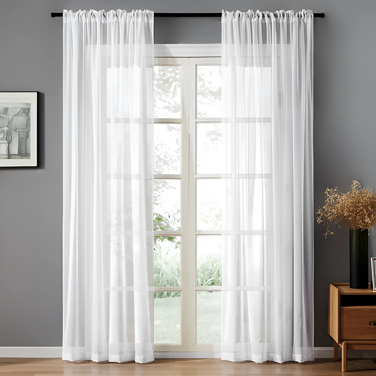 Modern simple pure colour cotton linen blend vertical curtain on a window, shown in black.