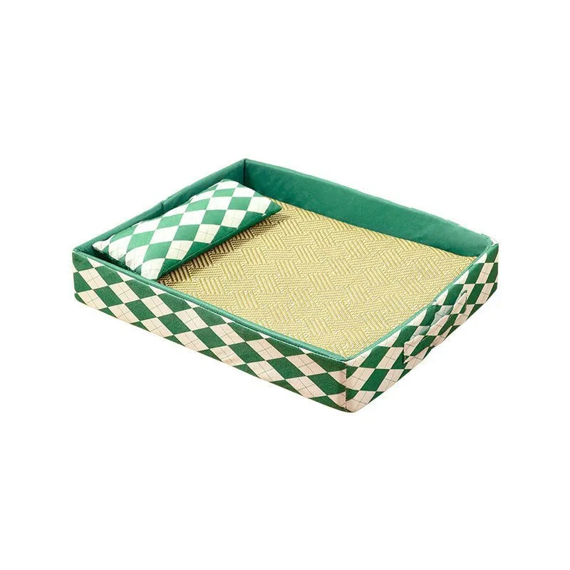 Blue rattan cat mat with anti-slip base shown in L 70x50cm size on wooden floor