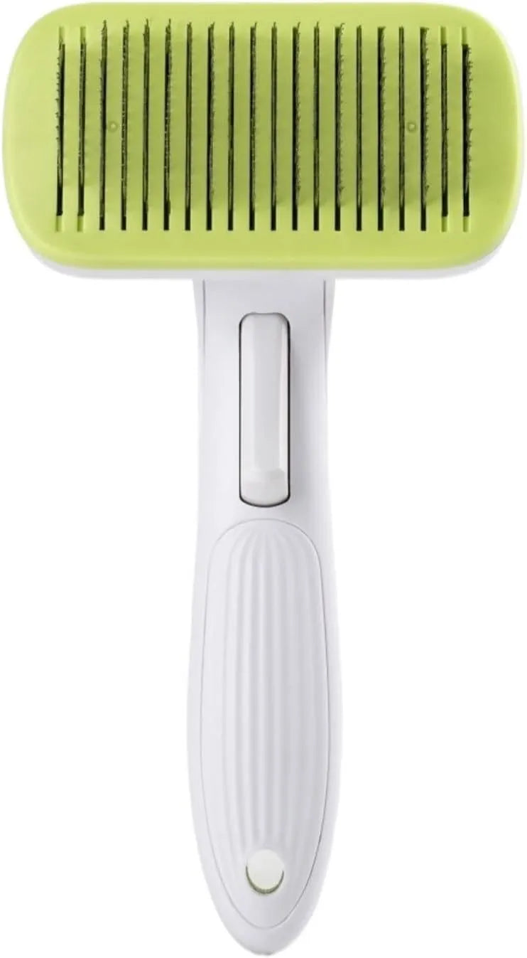 Automatic pet hair removal comb for dogs and cats in blue, grey, green, or pink colours