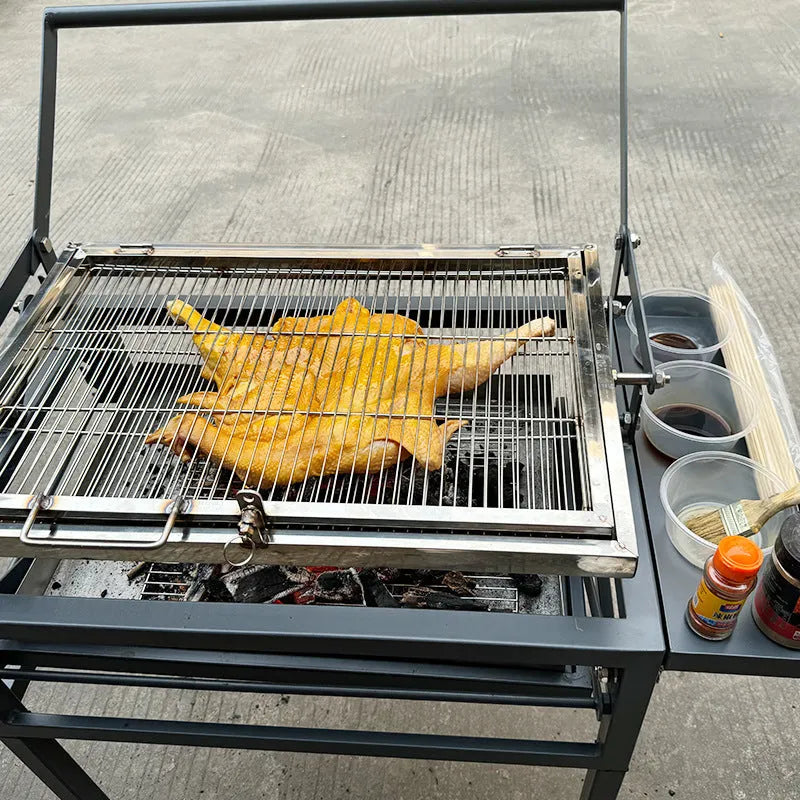 Foldable charcoal BBQ stove with detachable grill components for courtyard cooking