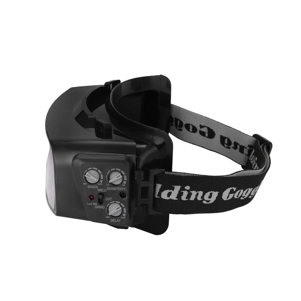 Black automatic darkening welding mask with large viewing window and dual arc sensors