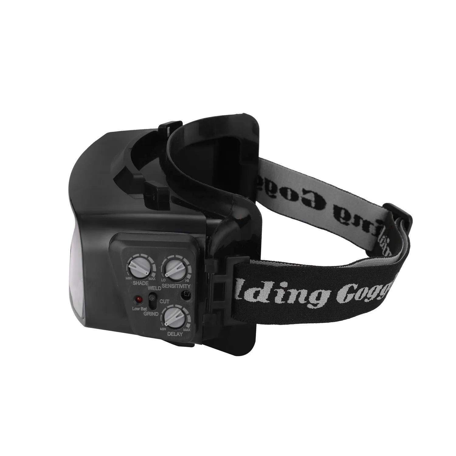 Black automatic darkening welding mask with large viewing window and dual arc sensors
