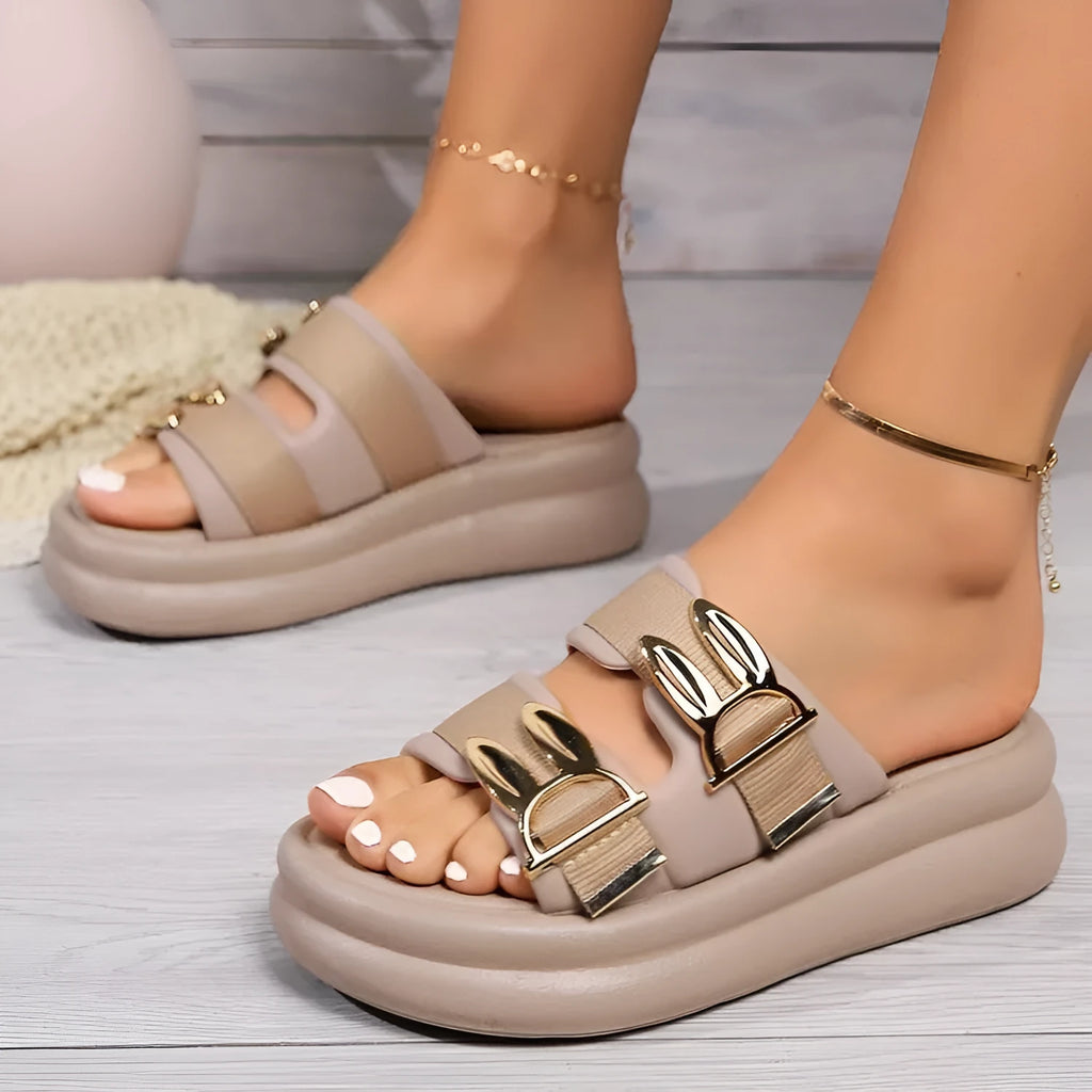 Women's suede slippers with thick rubber sole in apricot, black and milky white colours