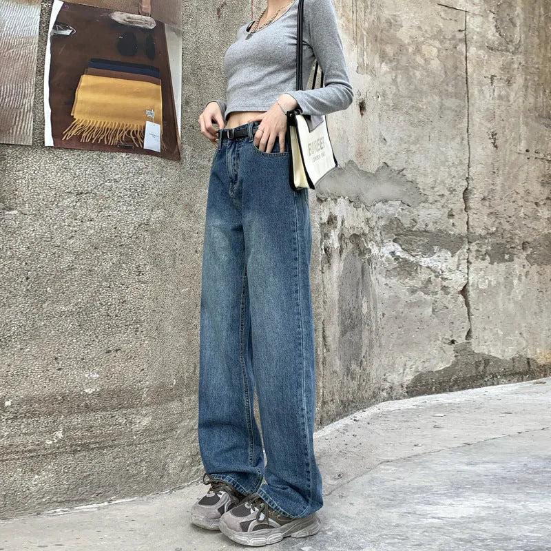 Women's retro blue straight-leg jeans with high waist design in three length variations
