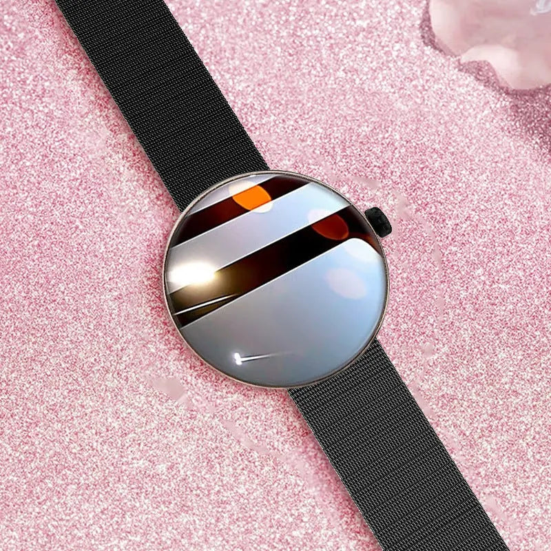 Women's smart watch with circular colour screen and metal strap showing health monitoring interface