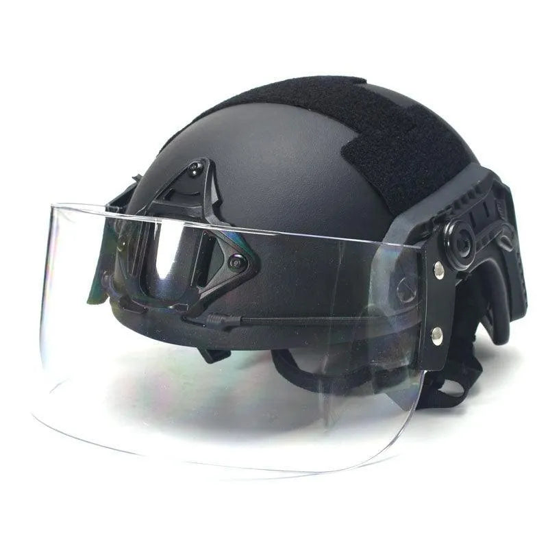 Transparent polycarbonate helmet face mask with guide rail mounting system