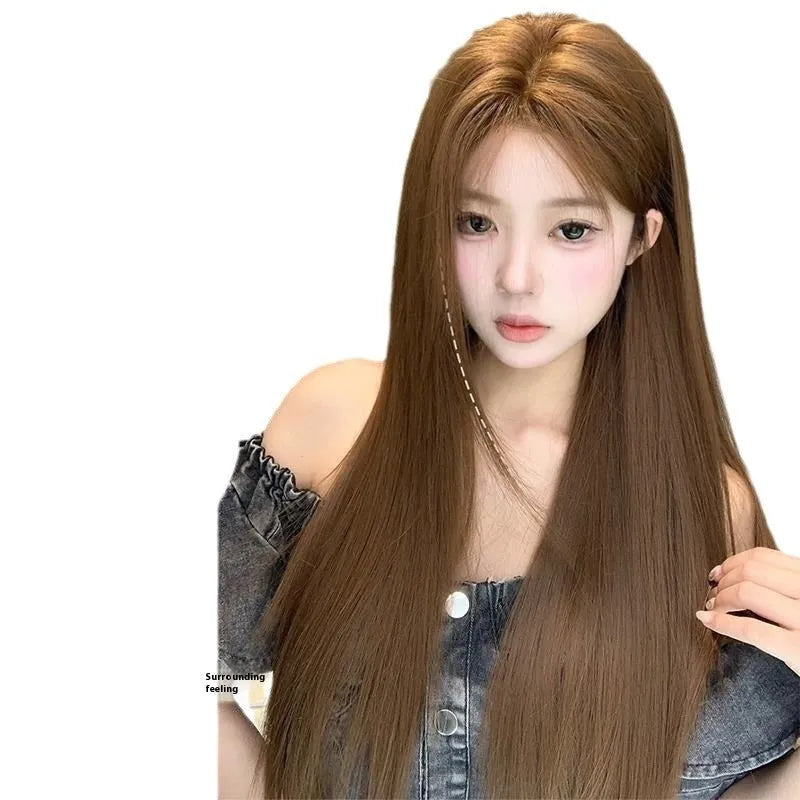 Warm brown long straight lace front wig with centre-parted bangs and side bangs.