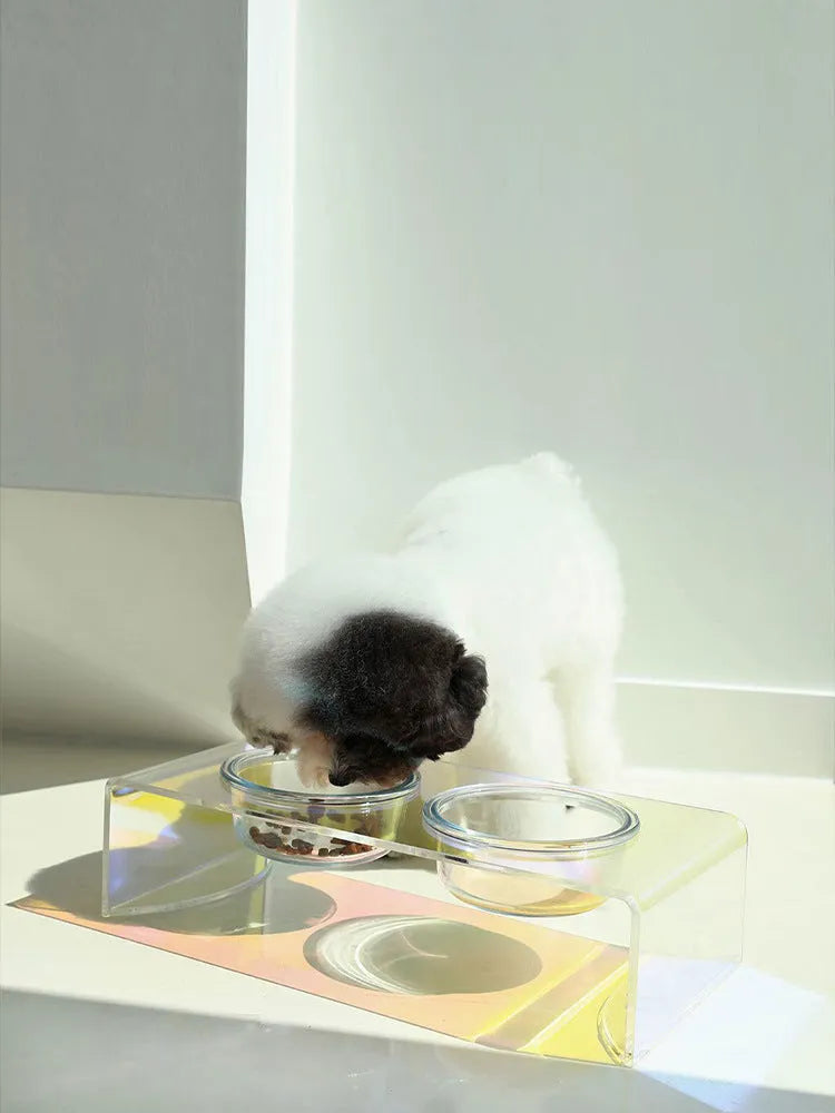 Acrylic pet dazzling bowl feeder with glass bowl, anti-slip base, for cats and small dogs
