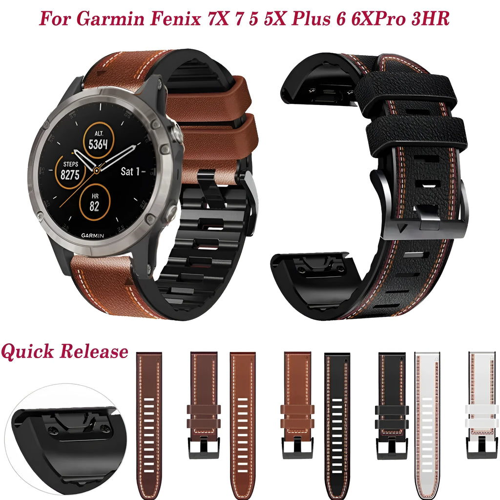 Silicone leather quick-release watchband for Garmin Fenix smartwatches in black, shown with detached spring bars.