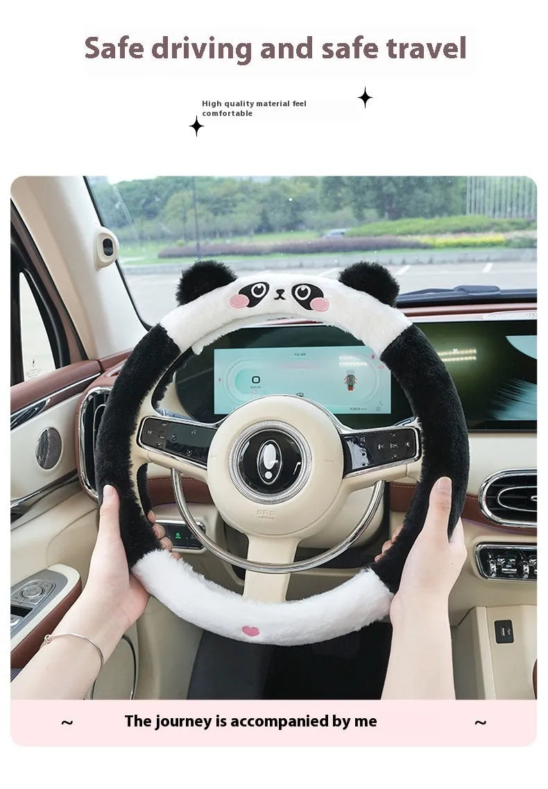 Plush steering wheel cover with animal embroidery in 38cm diameter for winter use