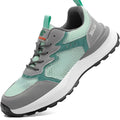 Green low top work shoes with mesh panels and plastic steel toe cap