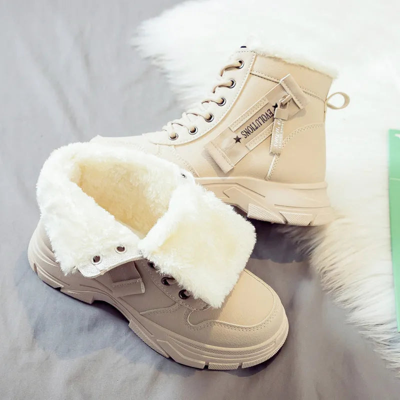 Plus size women's calf-high snow boots with lace-up front and round toe in black, khaki, or white.