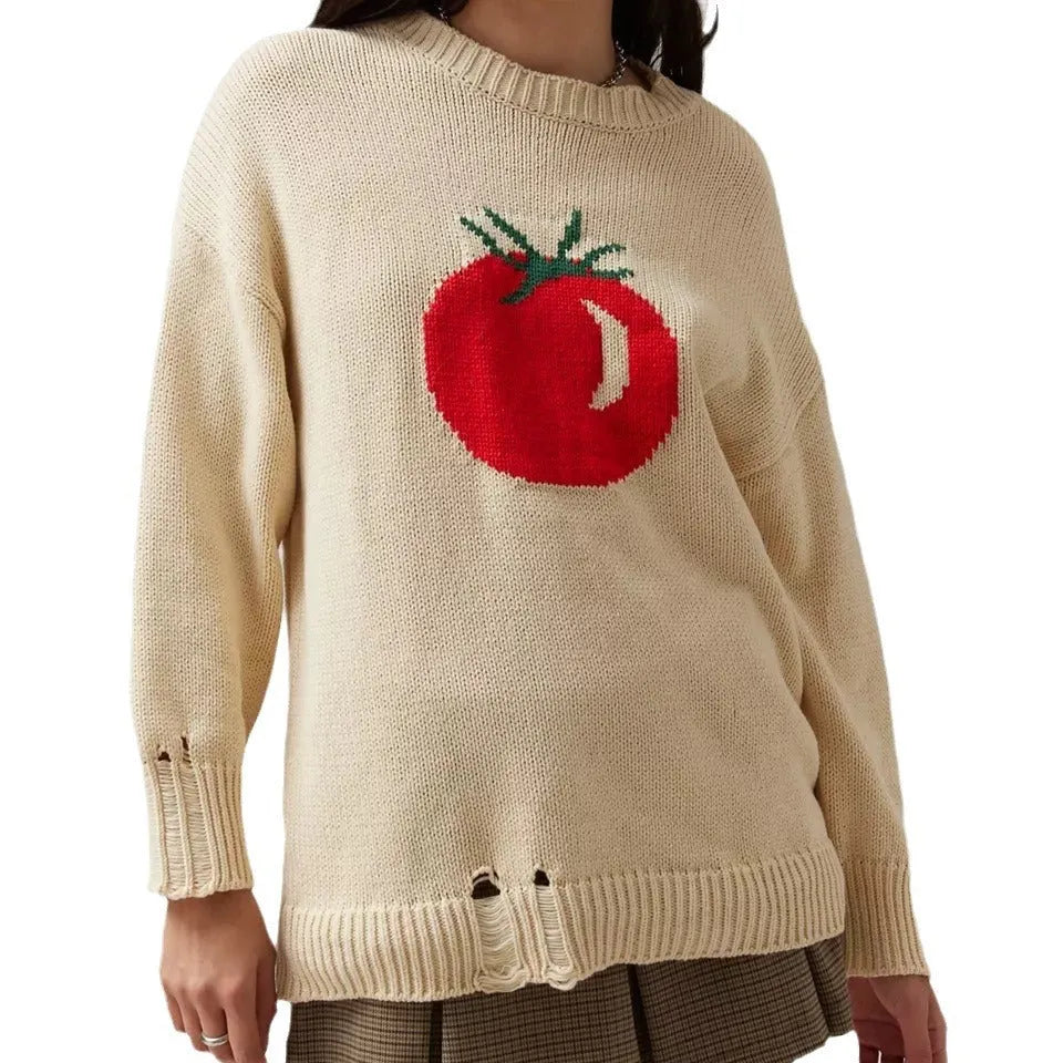 Women's loose-fitting acrylic jacquard knit sweater with round neck and long sleeves
