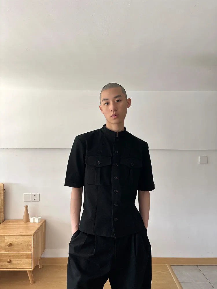 Black handmade red eye hunting half sleeve shirt with shirt collar and loose fit design