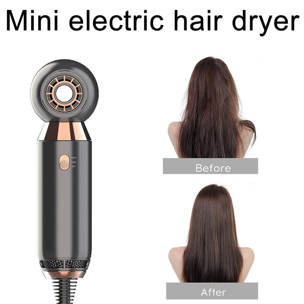 Compact white hair dryer with concentrator attachment on blue background