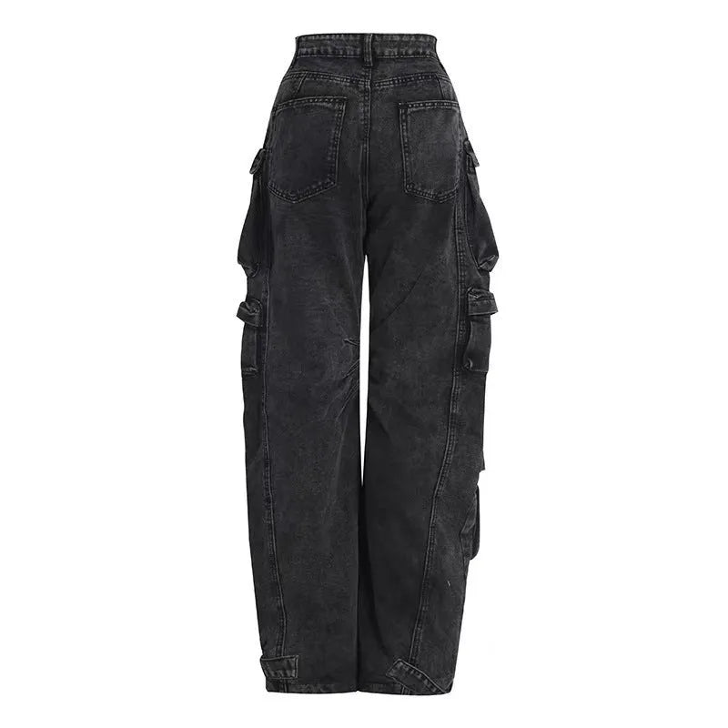 Women's tie-dyed high waist wide leg trousers with multiple pockets in blue denim fabric