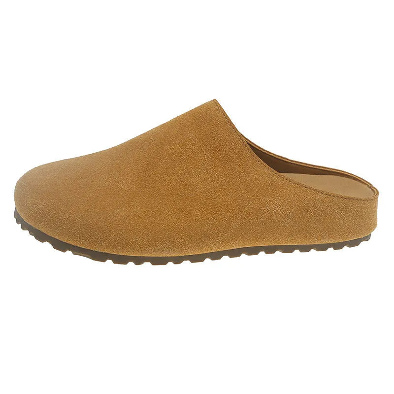 Korean style slip-on slippers in apricot colour with flat soft sole and microfiber upper