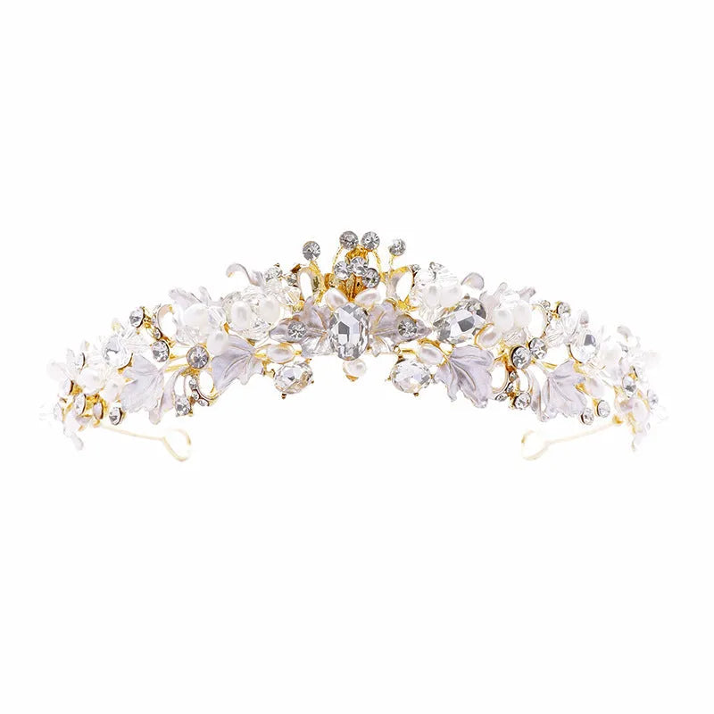 Pearl crown headdress hair accessory with electroplated gold or silver finish and alloy construction