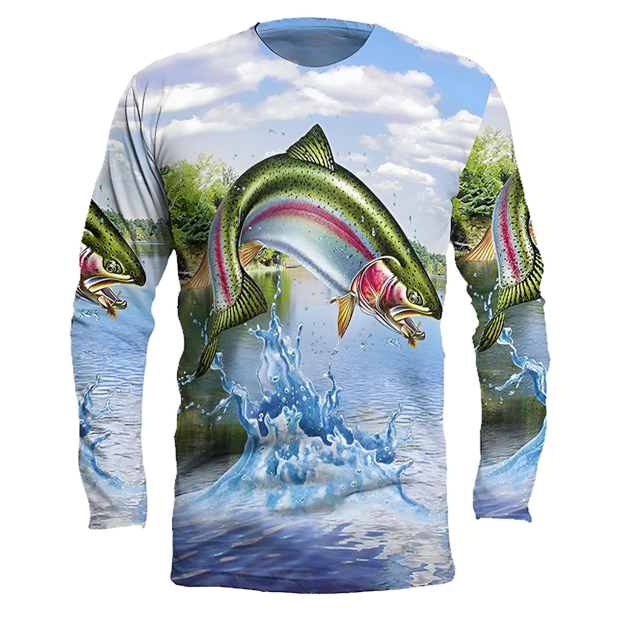 Men's fish printed long-sleeved pullover top in milk silk fabric with round neck