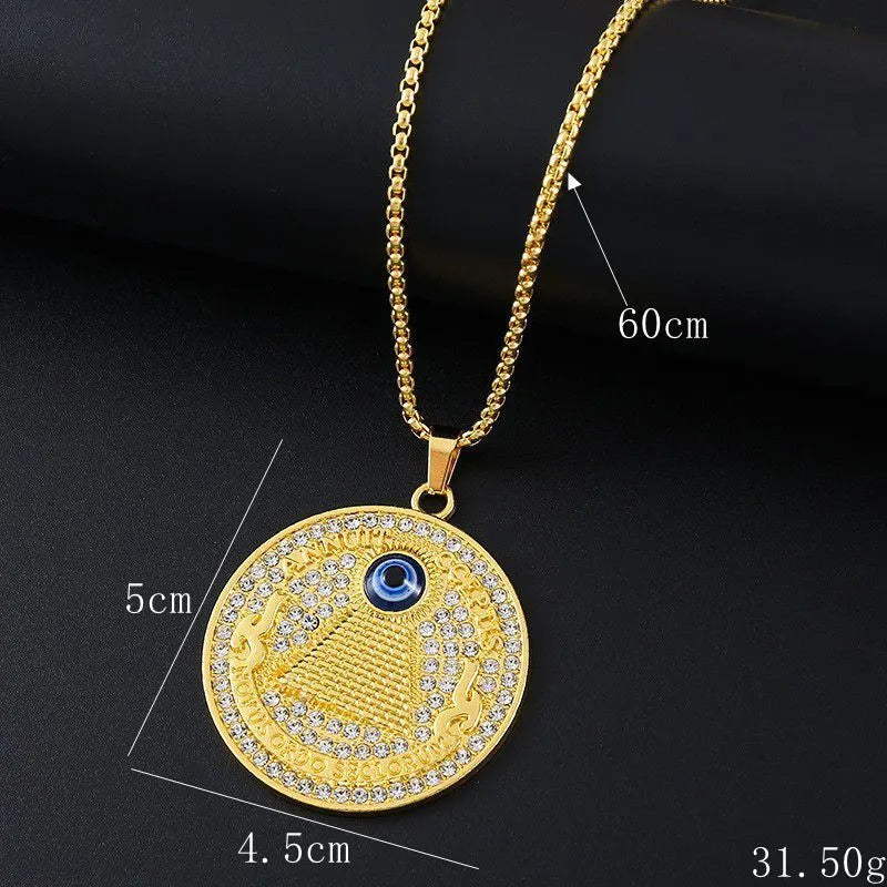 Gold-coloured geometric necklace with zircon detailing on alloy pendant for women