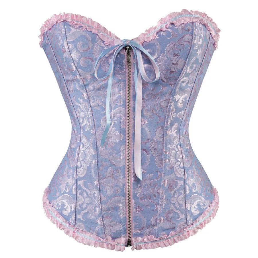 A women's black spandex waist trainer corset with a front silver zipper closure.