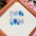 Blue hand-painted carved summer ice transparent plastic fake nails set in sizes XS to L