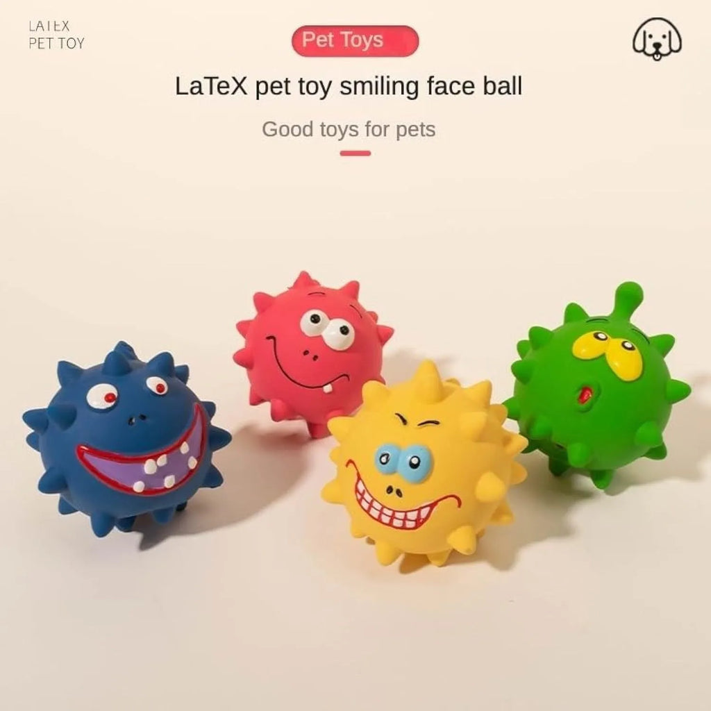 Set of four colourful natural latex rubber dog balls with cute faces and bumpy texture