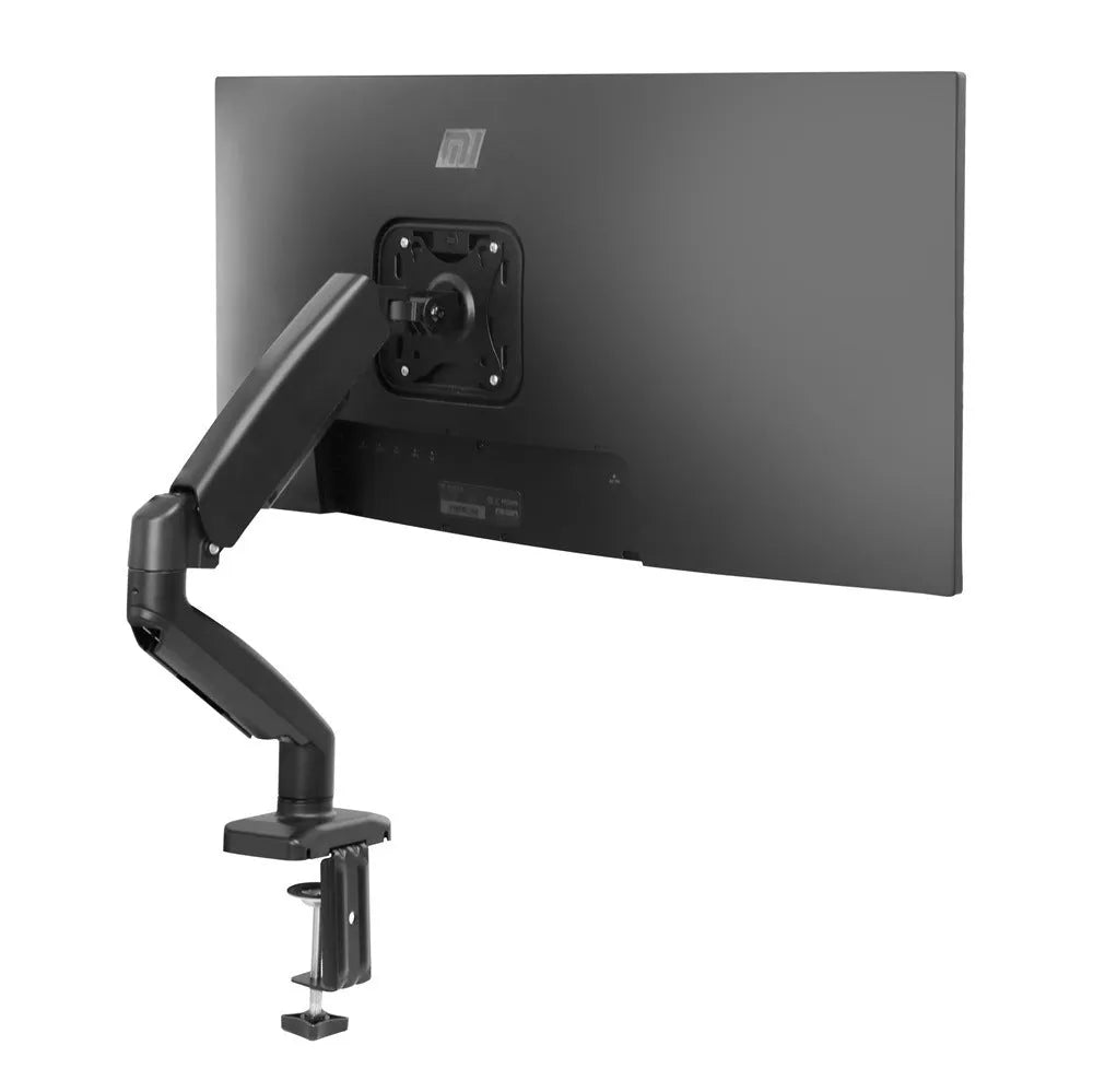 Black rotating telescopic bracket elevating an LCD screen on a desk