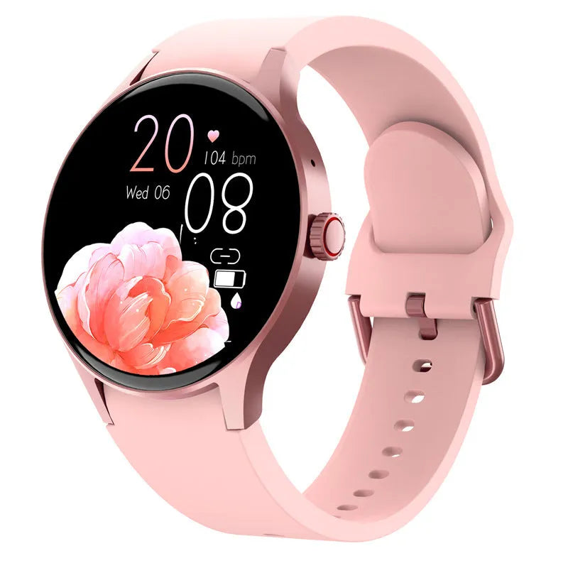 Smart Bluetooth sport watch with circular AMOLED display in black, blue, pink, or red colours