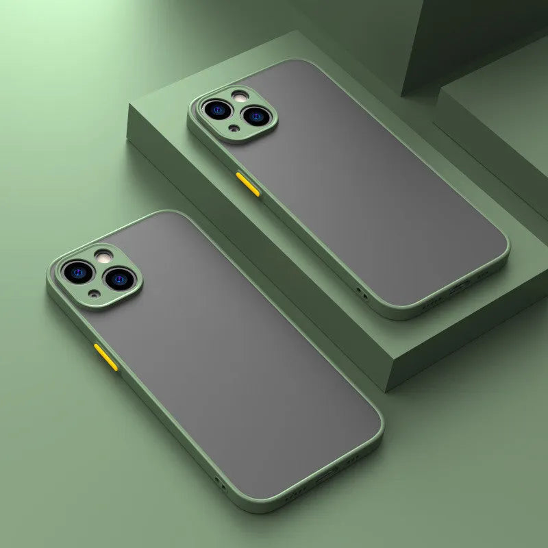 Frosted hard protective iPhone case in dark night green colour, showing fine hole pattern and full camera lens coverage.