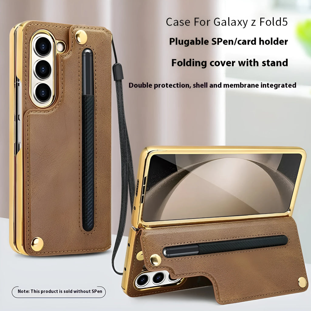 Samsung Z Fold PU phone case with folding bracket, pen slot and electroplated finish in black, brown, green or red