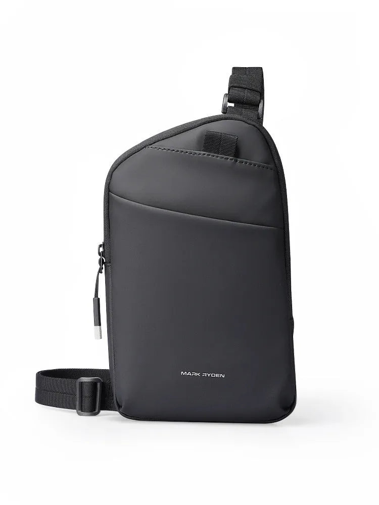 Men's lightweight black Oxford cloth crossbody bag with simple design and visible stitching.