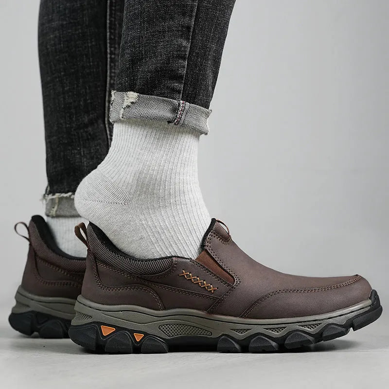 Men's casual leather-style shoes with rubber soles in dark brown, black or grey colour options