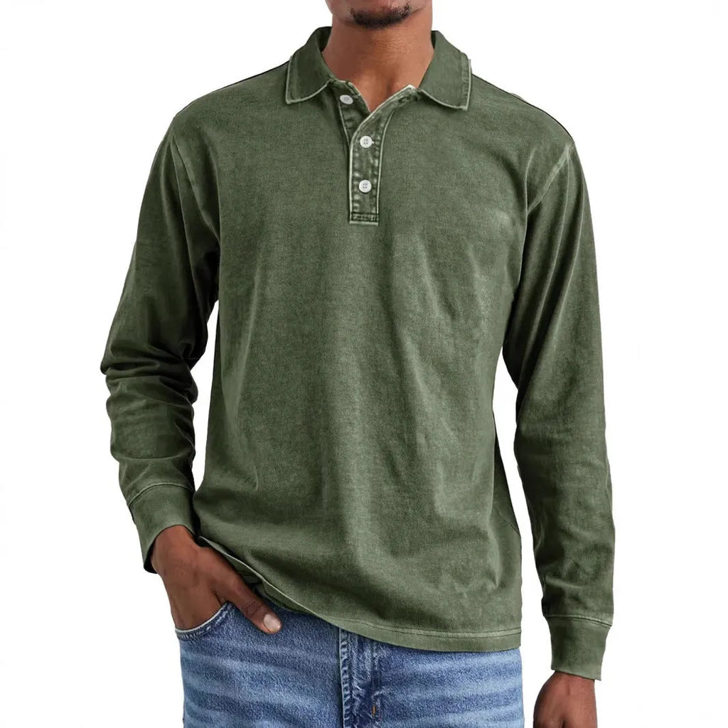 Retro washed distressed long sleeve polo shirt with lapel collar in Army Green