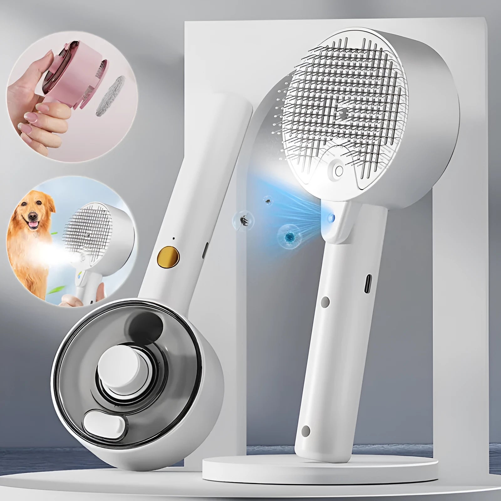 Ceramic white pet grooming brush with mist spray nozzle, UV blue light, and fine needle comb for dogs and cats.